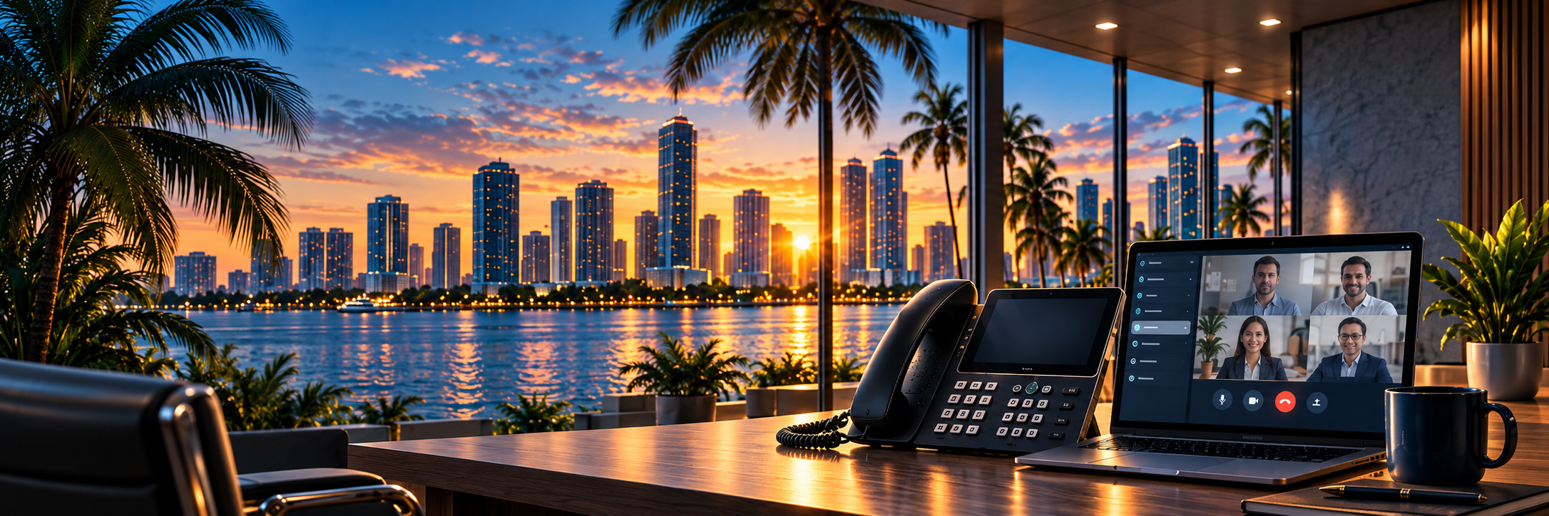 Business VoIP phone and laptop overlooking the Miami skyline at sunset