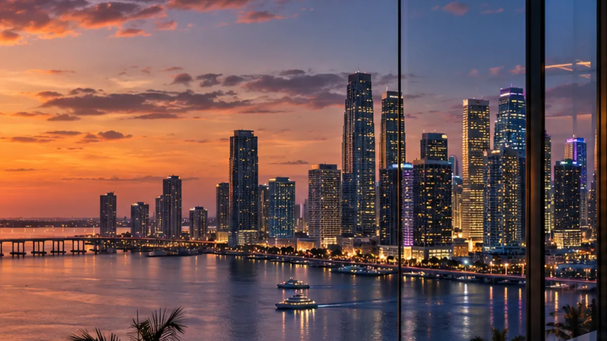 Miami skyline over the bay at sunset