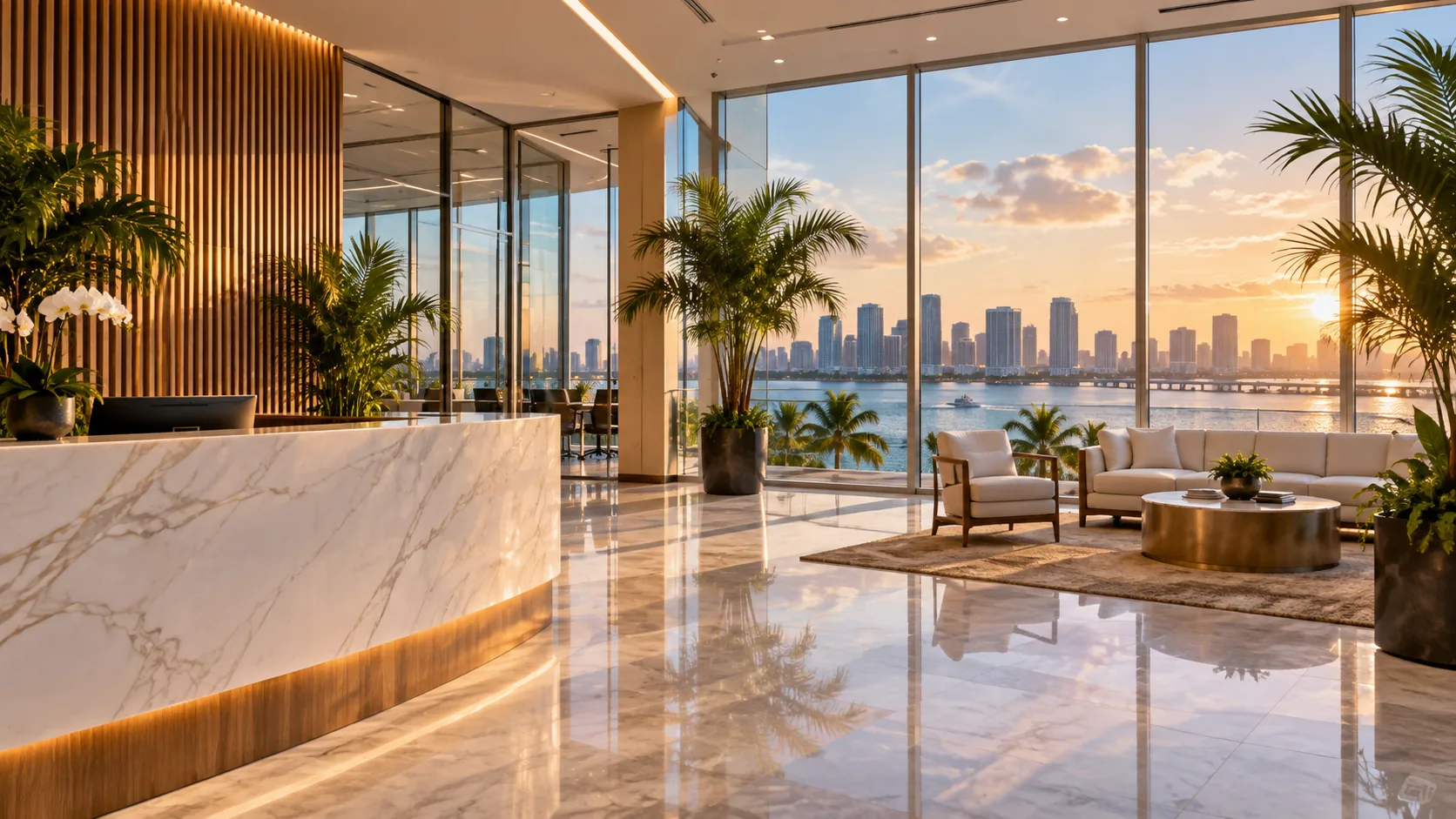 Bright office lobby overlooking the Miami skyline