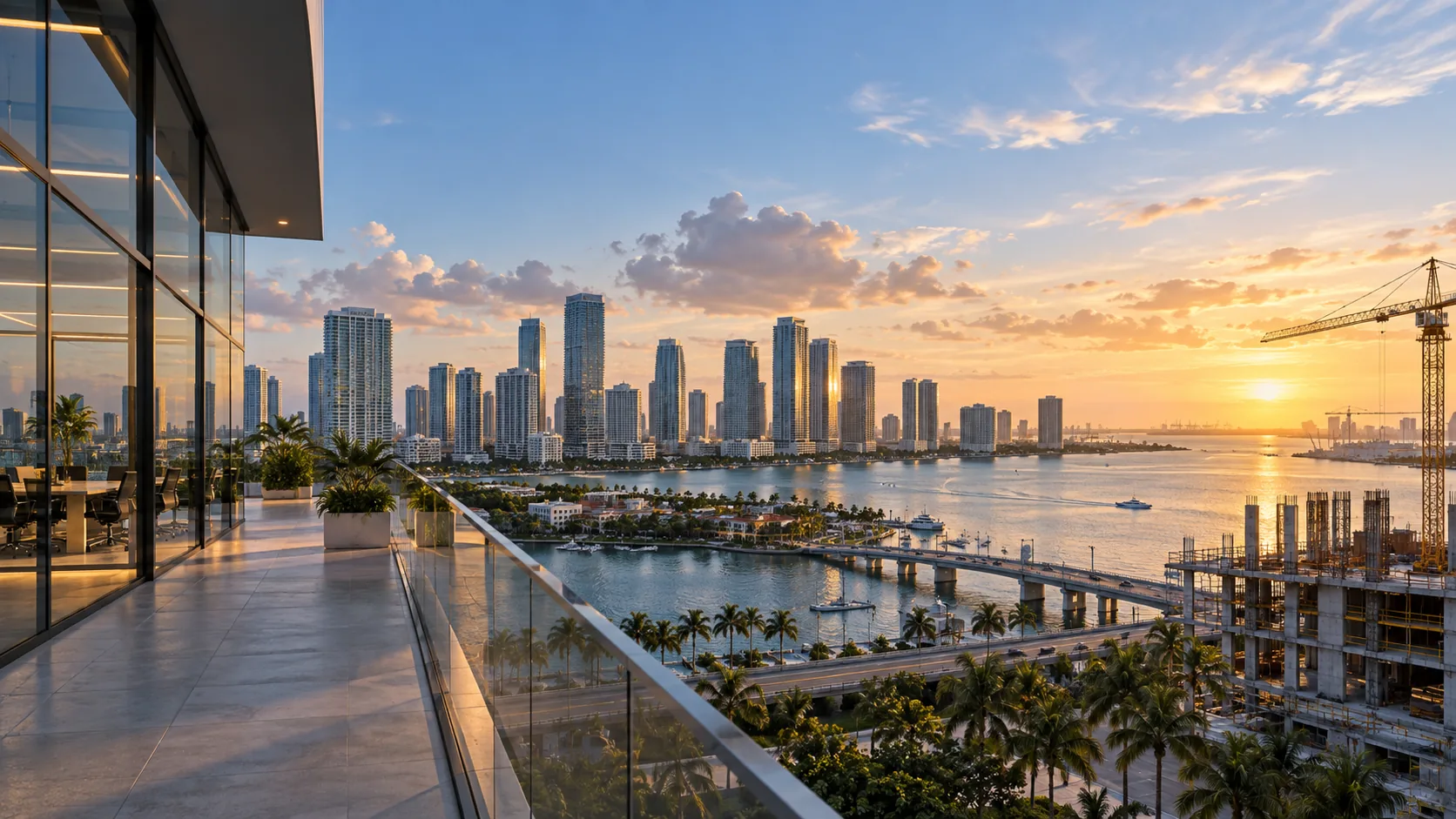 Office terrace with palm trees overlooking the Miami waterfront