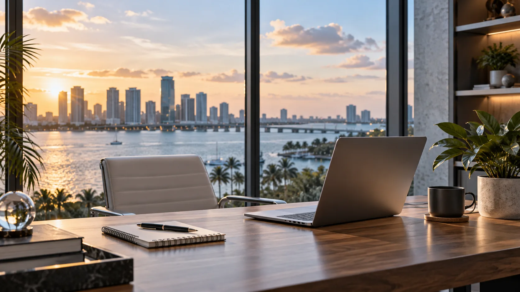 Laptop on a desk overlooking the water