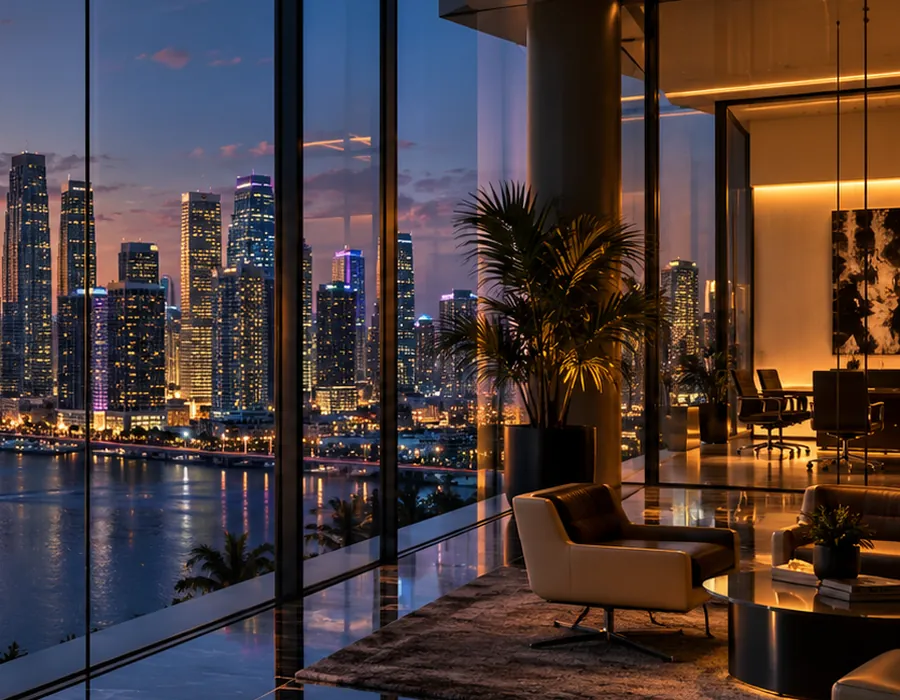 Office lounge overlooking the Miami skyline at sunset