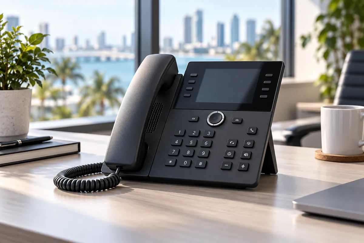 Business VoIP desk phone on an office desk overlooking the city