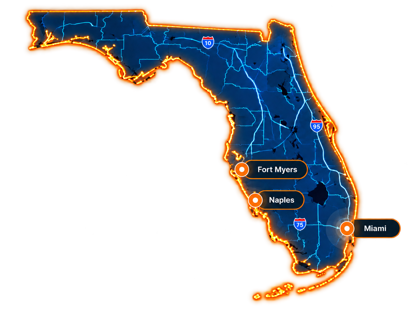 Florida service areas map highlighting Fort Myers, Naples, and Miami